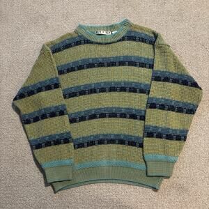 Basix Fenn Wright Manson Green Striped Crew Neck Knit Grandpa Sweater Men Size L